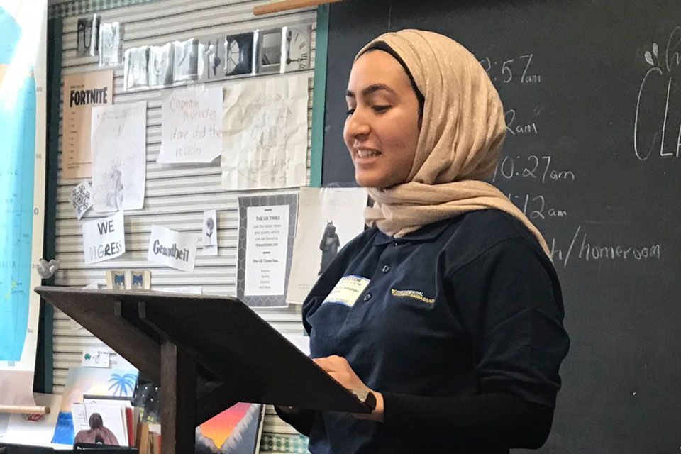 Noor Dahshan speaking at Suncrest Middle School
